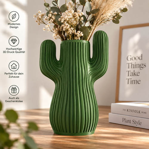 Kaktus Vase in Grün mit 3D Druck Design, befüllt mit Trockenblumen