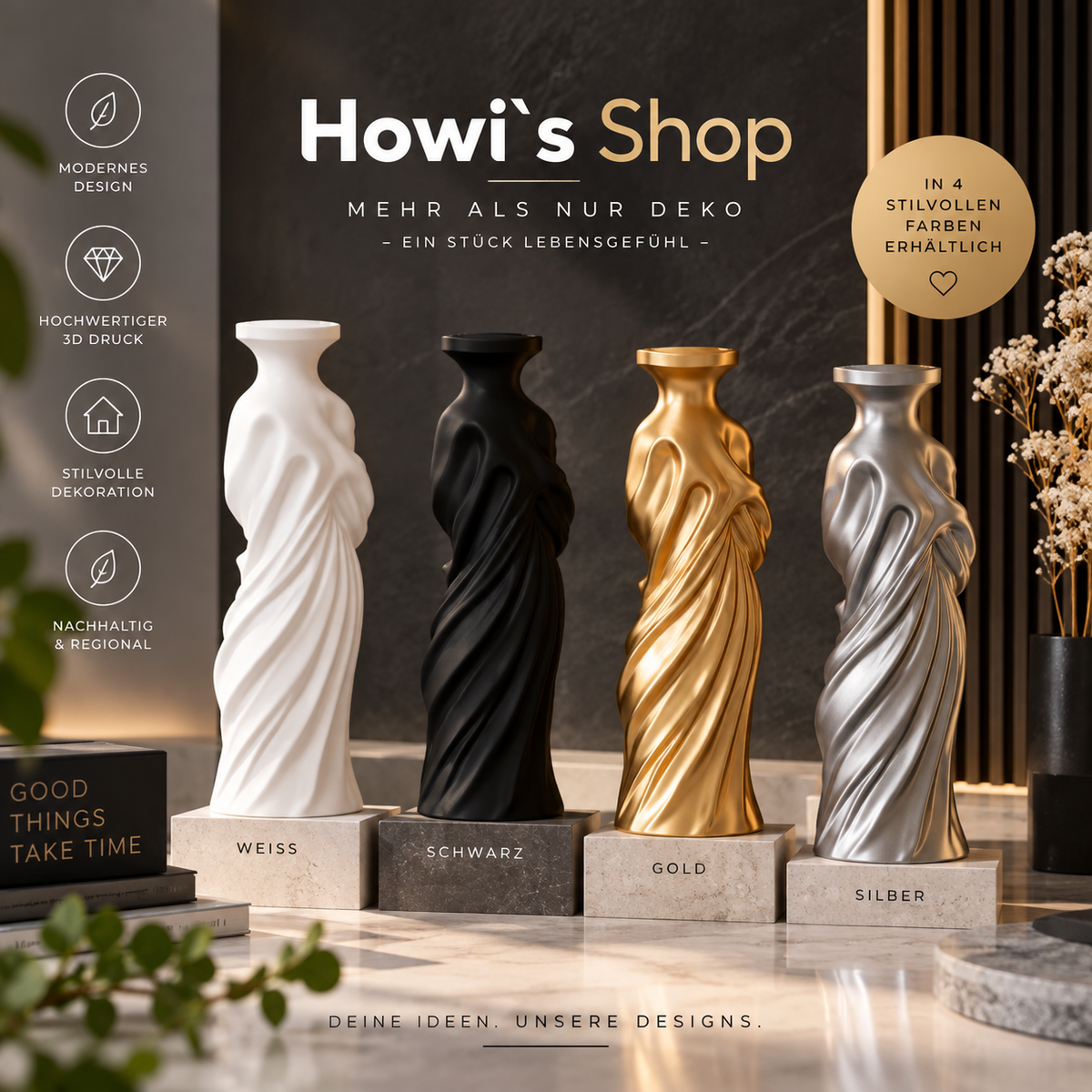 Dekorative Vase in Weiß, Schwarz, Gold und Silber