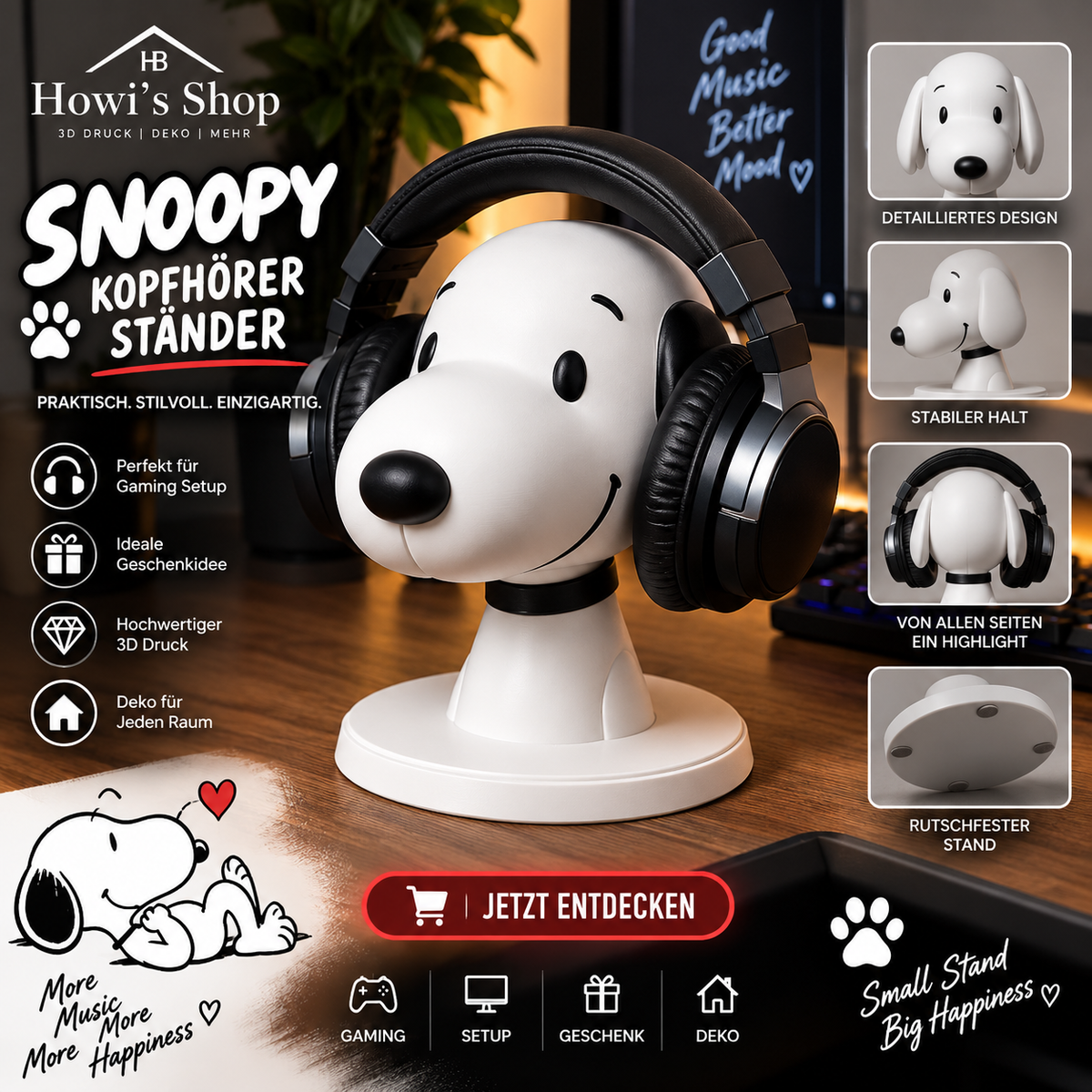 Snoopy Kopfhörer Ständer 3D-Druck Deko