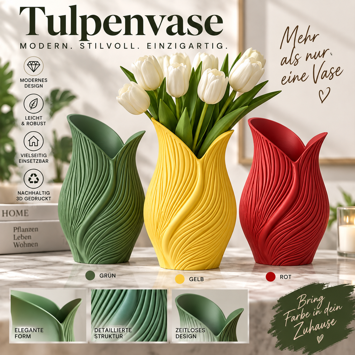Tulpenvase in Grün, Gelb und Rot – 3D-gedruckt