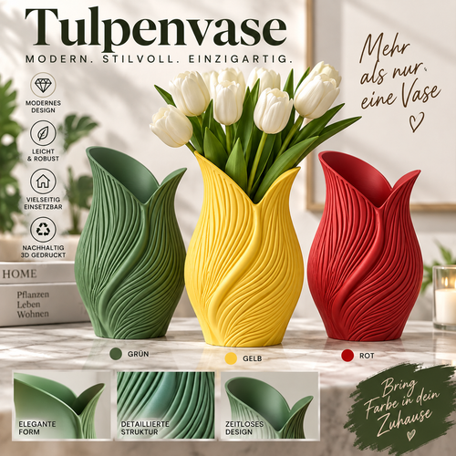 Tulpenvase in Grün, Gelb und Rot – 3D-gedruckt